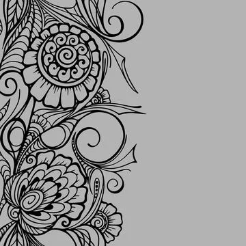 Seamless repeat oriental border, outline black floral pattern on gray Stock Illustration