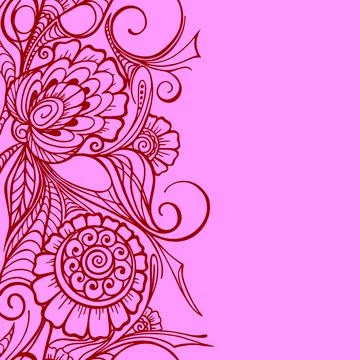 Seamless repeat oriental border, outline burgundy floral pattern on pink Illustrazione stock