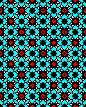 Seamless repeat pattern with blue rhombuses andred elements on black background 库存插图