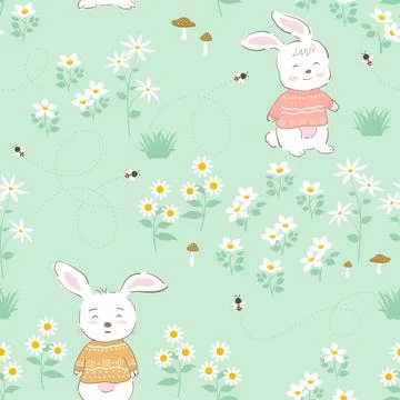 Seamless repeat pattern with cute hand drawn rabbits on spring flowers back.. Stock Illustration