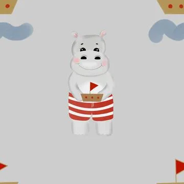 Seamless repeat pattern cute hippo with boat. nautical minimalistic pattern with Stock Illustration