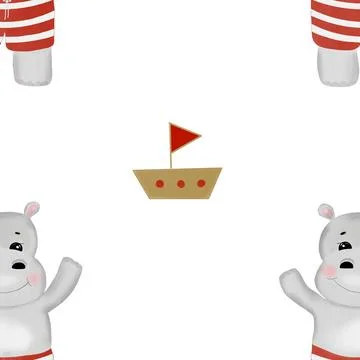 Seamless repeat pattern cute hippo with boat. nautical minimalistic pattern with Illustrazione stock