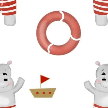 Seamless repeat pattern cute hippo with boat. nautical minimalistic pattern with Stock Illustration