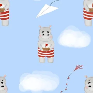 Seamless repeat pattern cute hippo with boat. nautical minimalistic pattern with Illustrazione stock