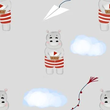 Seamless repeat pattern cute hippo with boat. nautical minimalistic pattern with Illustrazione stock