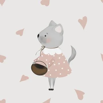 Seamless repeat pattern cute kitty and hearts. minimalism in retro style. used Stock Illustration