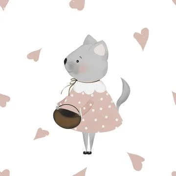 Seamless repeat pattern cute kitty and hearts. minimalism in retro style. used Stock Illustration