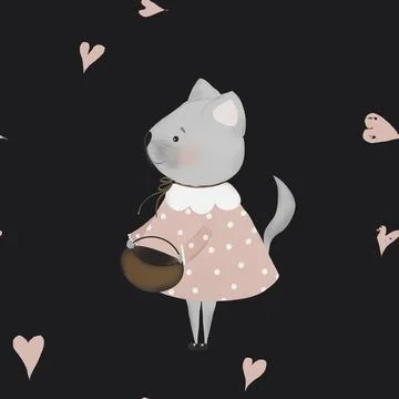 Seamless repeat pattern cute kitty and hearts. minimalism in retro style. used Illustrazione stock