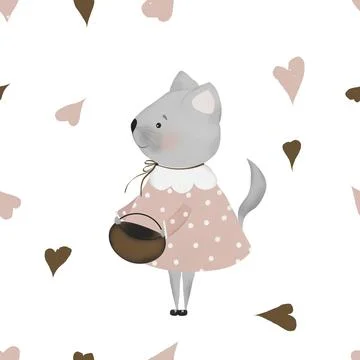 Seamless repeat pattern cute kitty and hearts. minimalism in retro style. used Stock Illustration