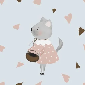 Seamless repeat pattern cute kitty and hearts. minimalism in retro style. used Stock Illustration