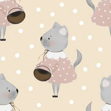 Seamless repeat pattern cute kitty and hearts. minimalism in retro style. used Stock Illustration