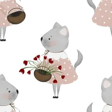 Seamless repeat pattern cute kitty and hearts. minimalism in retro style. used Stock Illustration