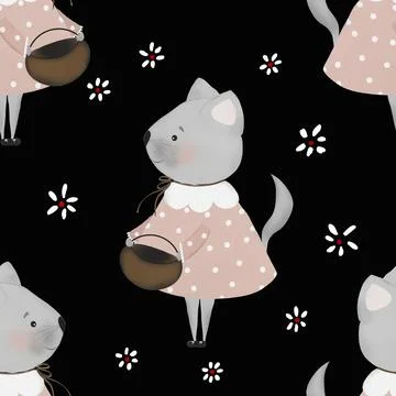 Seamless repeat pattern cute kitty and flowers. minimalism in retro style. used Stock Illustration