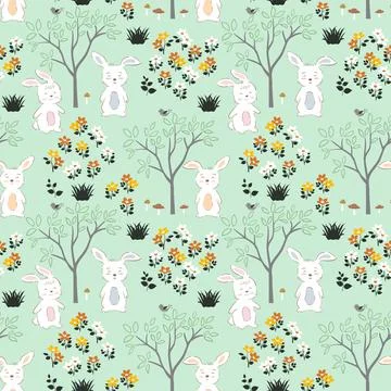 Seamless repeat pattern with easter bunny and beautiful flowers on springti.. Stock Illustration