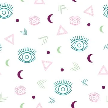 Seamless repeat pattern with eyes and geometric elements. Bright colors. Stock Illustration