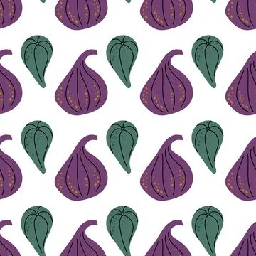 Seamless repeat pattern featuring stylized figs and leaves in a hand-drawn fl Stock Illustration