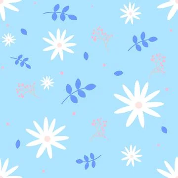 Seamless repeat pattern with flowers and leaves . Hand drawn fabric, gift wra Stock Illustration