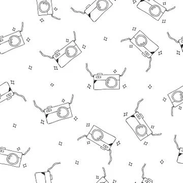 Seamless repeat pattern with hand drawn cartoon photo camera Stock Illustration