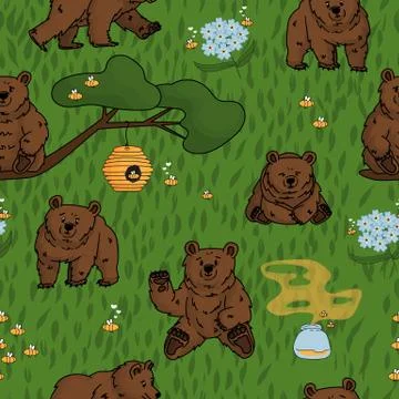 Seamless repeat pattern of hand drawn bear that walks and sits, honey, forget Stock Illustration