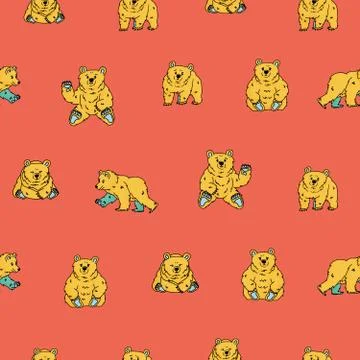 Seamless repeat pattern of hand drawn cute fluffy yellow blue bear that walks Stock Illustration
