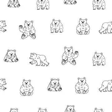 Seamless repeat pattern of hand drawn cute fluffy black white bear that walks Stock Illustration