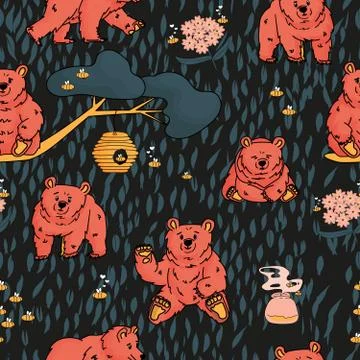 Seamless repeat pattern of hand drawn bear that walks and sits, honey, forget Stock Illustration