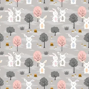 Seamless repeat pattern with hand drawn cute rabbits on spring forest Stock Illustration