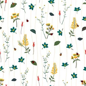 Seamless repeat pattern with hand drawn wildflowers and ladybugs on spring .. Ilustración de archivo
