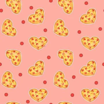 Seamless repeat pattern of Heart shaped pizza with sausage and cheese on pink Stock Illustration