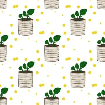 Seamless repeat pattern - indoor plant - white background -vector Stock Illustration