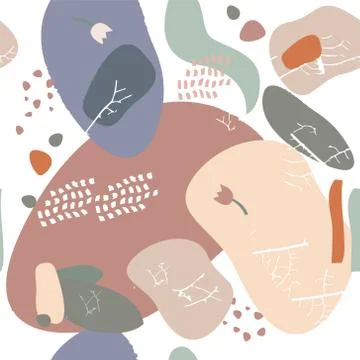 Seamless repeat pattern with leaves and abstract forms of natural color Stock Illustration