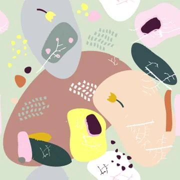Seamless repeat pattern with leaves and abstract forms of natural color Stock Illustration