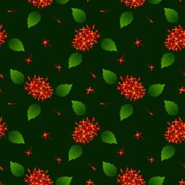 Seamless repeat pattern with red tropical flowers on dark background,design f Stock Illustration
