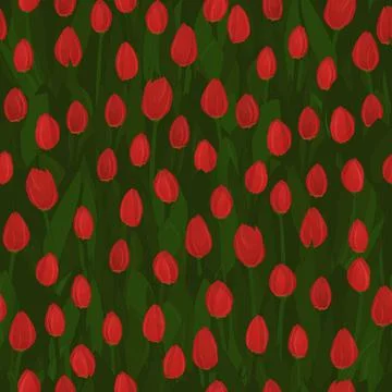Seamless repeat pattern of red tulips. Flowers are on green background Stock Illustration