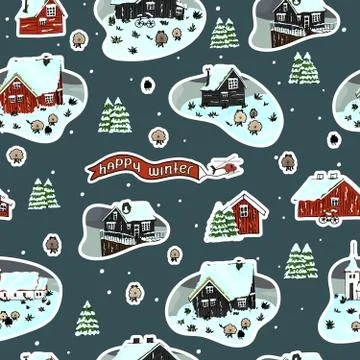 Seamless repeat pattern of snowy wooden scandinavian houses with grass on the Stock Illustration