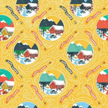 Seamless repeat pattern of snowy wooden scandinavian houses with grass on the 스톡 일러스트
