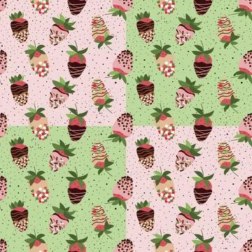 Seamless repeat pattern with strawberry in chocolate, glaze, sprinkle on green Stock Illustration
