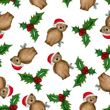 Seamless repeat pattern with watercolor Christmas teddy bear and holly berry Stock Illustration
