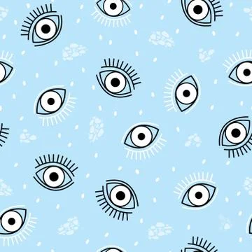 Seamless repeat pattern with white and black eyes and white dots. Stock-Illustration
