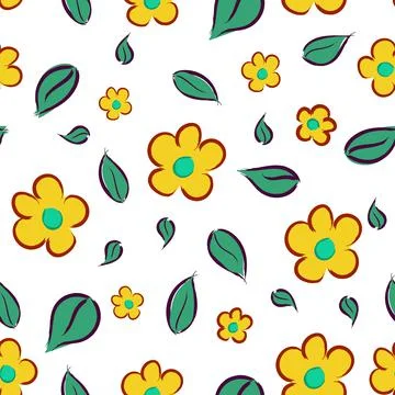Seamless repeat pattern with yellow flowers and green leaves on white background Illustrazione stock
