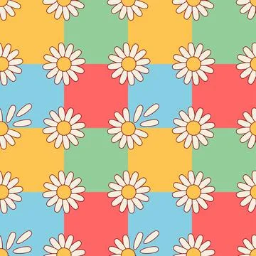 Seamless repeat square chess pattern with daisies Stock Illustration