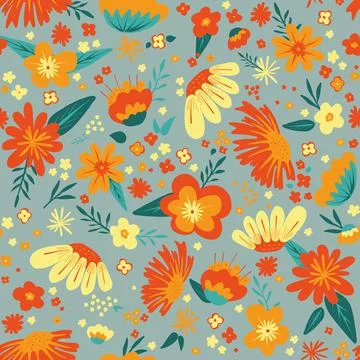 Seamless repeat vector pattern with flowers and leaves inmixed colors on grey Stock Illustration