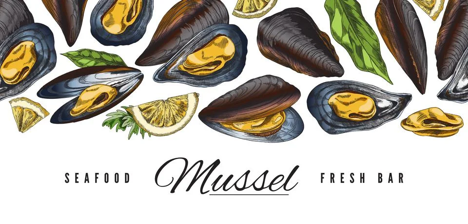 Seamless repeatable background with mussels hand drawn vector illustration. Stock Illustration