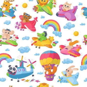 Seamless repeatable pattern with animals on planes, flat vector illustration. Stock Illustration