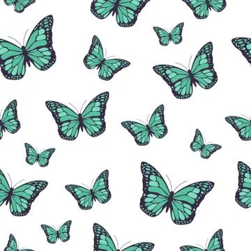 Seamless repeatable pattern with blue butterflies flat vector illustration. Illustrazione stock