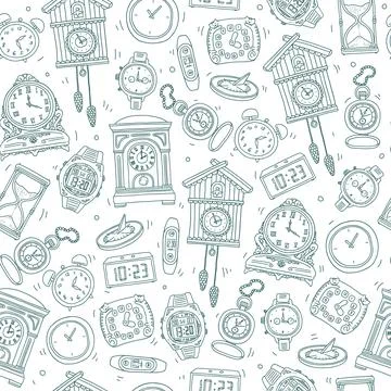 Seamless repeatable pattern with clocks, hand drawn vector illustration. イラスト素材
