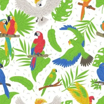 Seamless repeatable pattern design with tropical parrots vector illustration. Stock Illustration