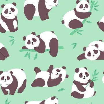 Seamless repeatable pattern with lovely cute baby pandas, flat vector イラスト素材