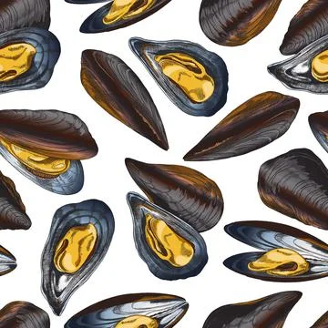 Seamless repeatable pattern texture with mussels sketch vector illustration. Stock Illustration