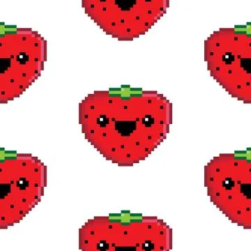 Seamless repeating background of a pixel art strawberry with a smiling face Stock Illustration